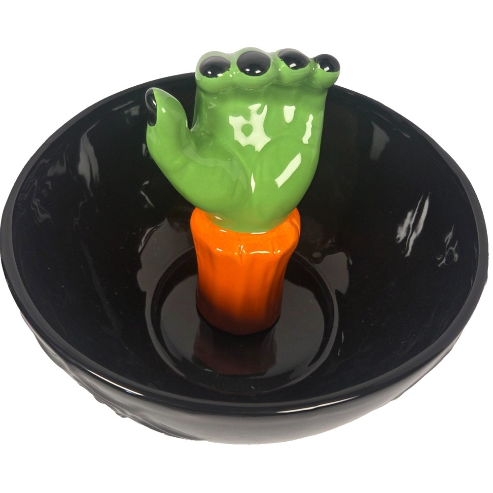 Spooky Hollow Zombie Hand Candy Bowl Halloween Black Green Ceramic 9 Inch NEW